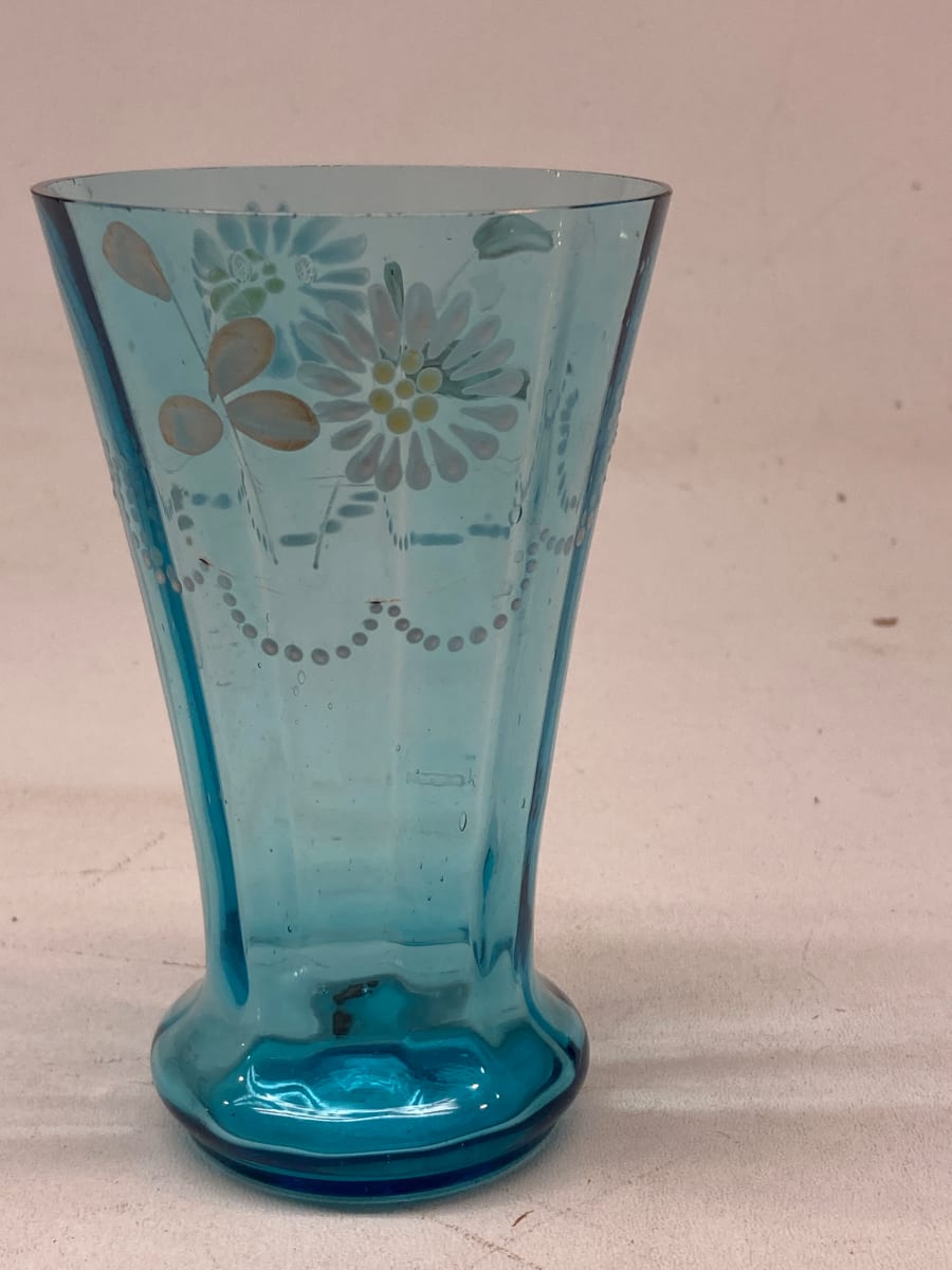 turn of the century blue water art glass vase with enameled flowers 