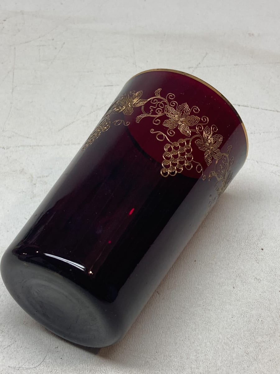 turn of the century ruby  water art glass vase with enameled grape pattern 