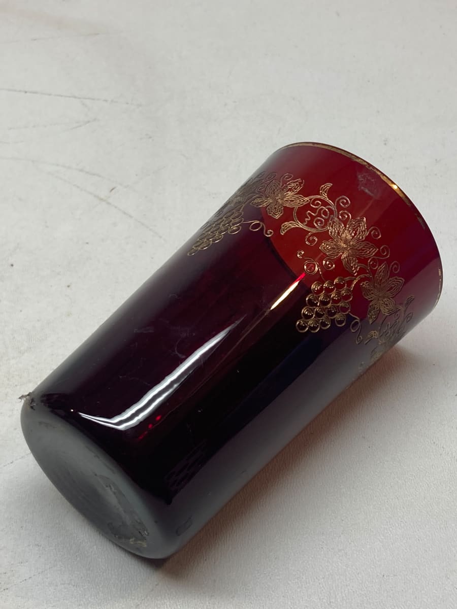 turn of the century ruby  water art glass vase with enameled grape pattern 