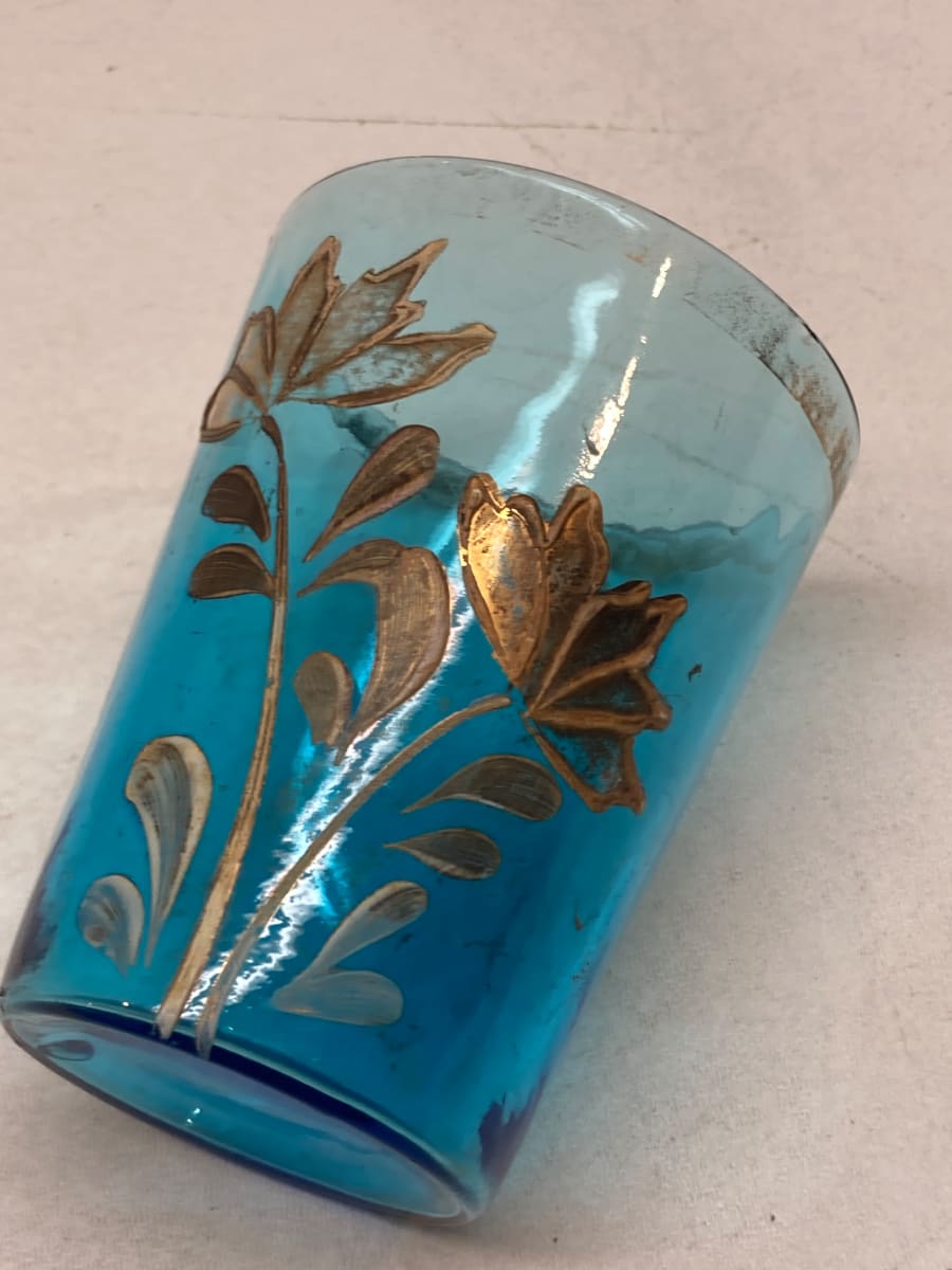 turn of the century blue water glass with enameled flowers 