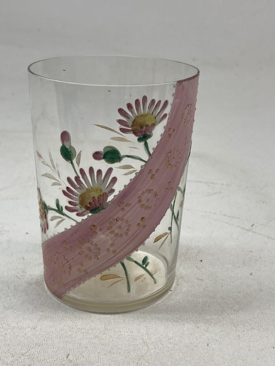 turn of the century clear with pink sash water glass with enameled flowers 