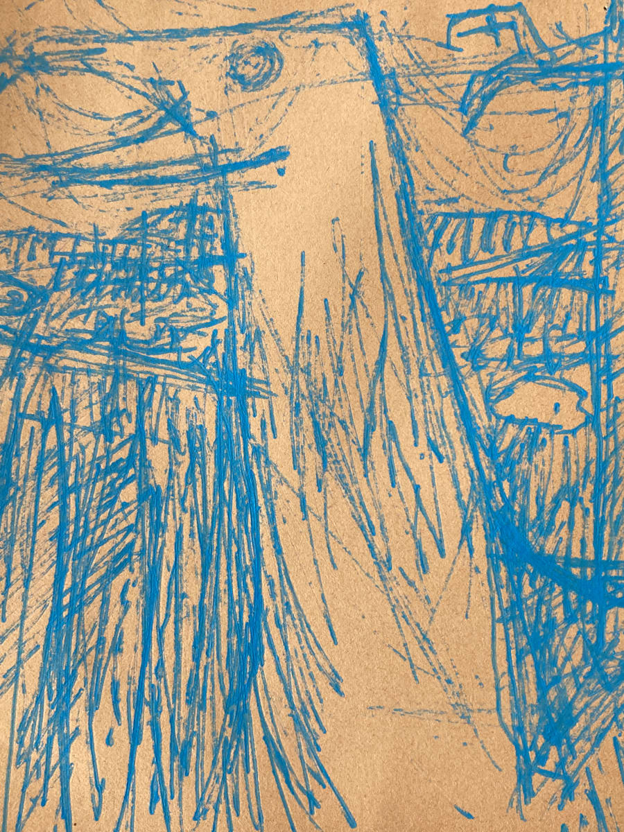 Original blue drawing by James Quentin Young of an abstract seagull 