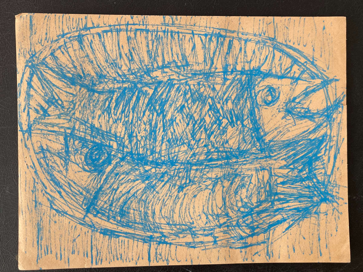 unframed original blue drawing by James Quentin Young abstract fish 