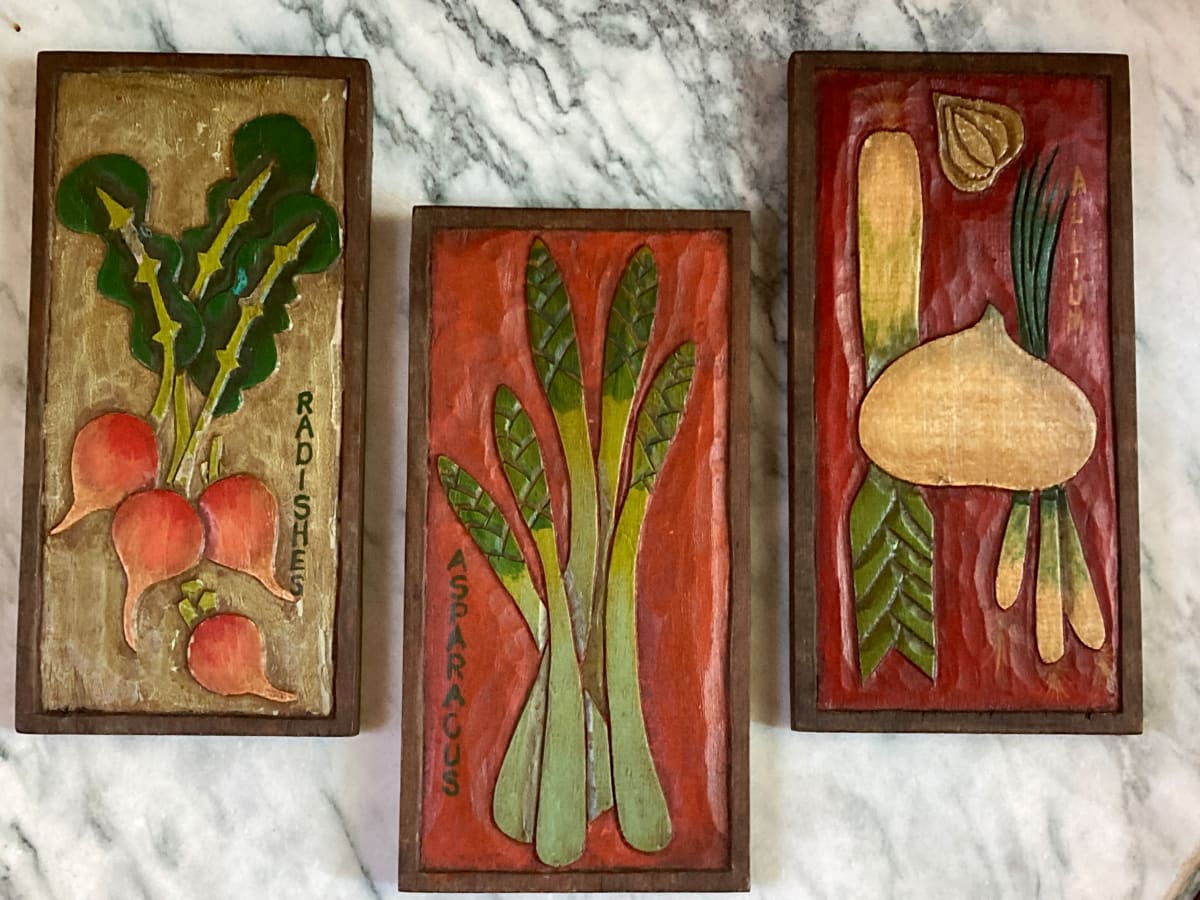 set of three hand carved hand painted wooden veggie pieces 