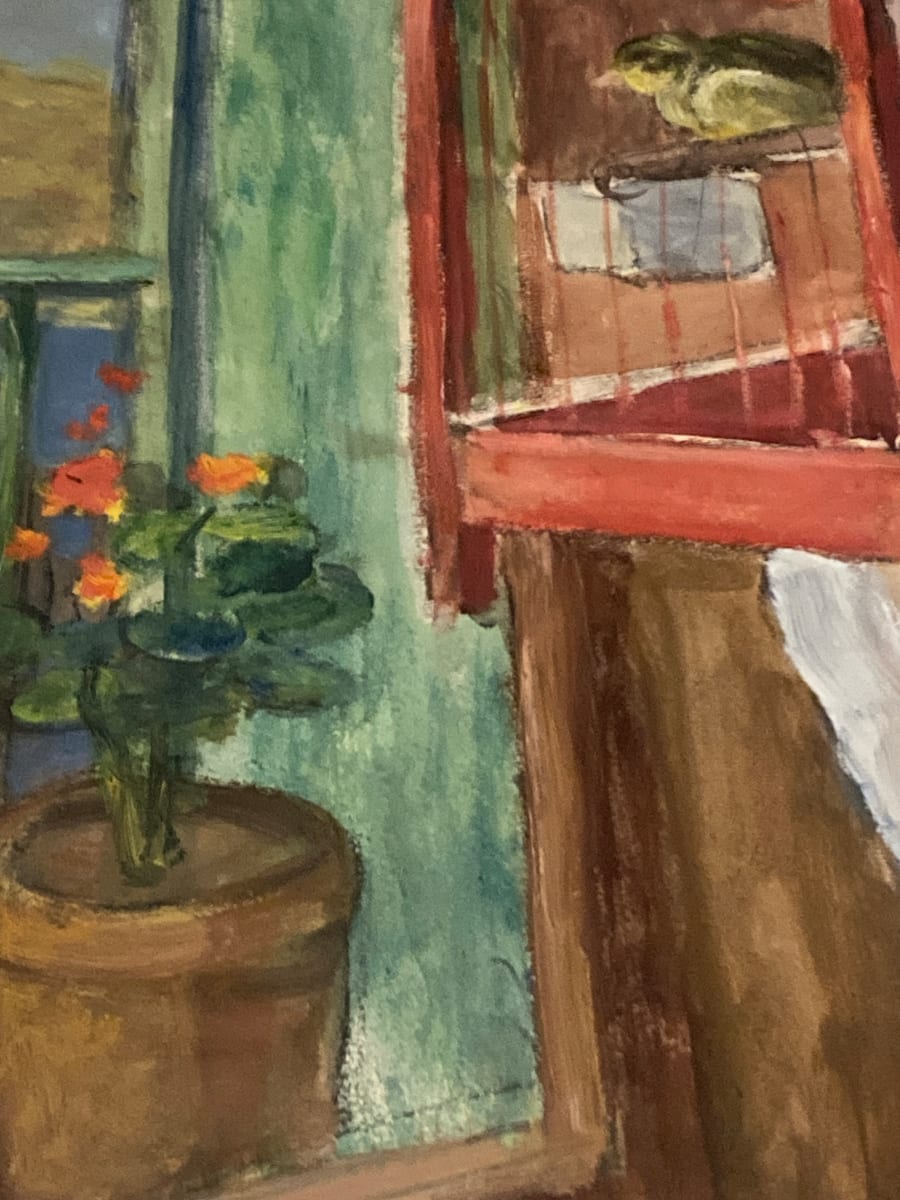 Original painting on paper of birdcage in window 