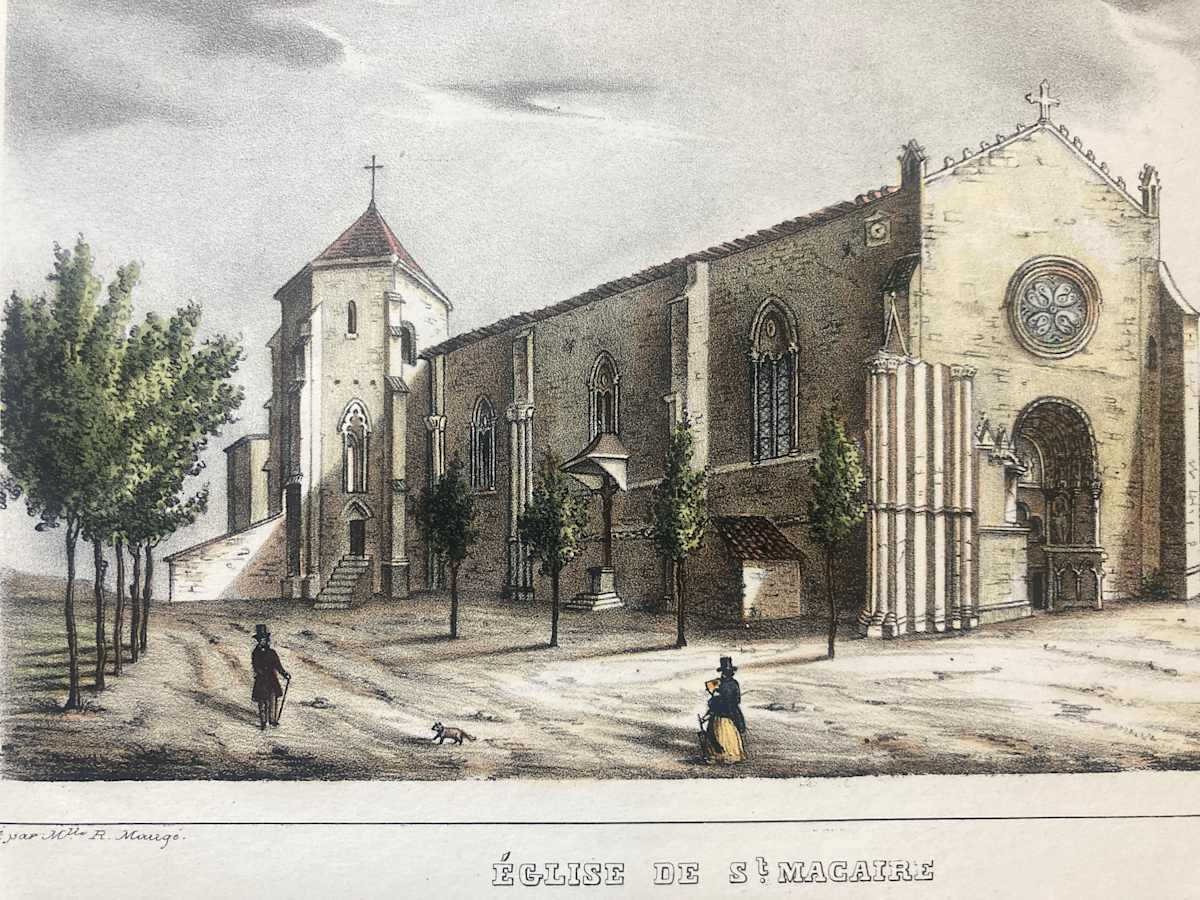 Hand colored engraving circa 1860's ~ Eglise De St. Macaire 