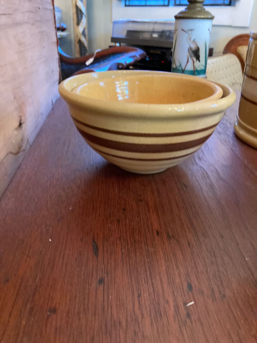 pair of brown stripe bowls 