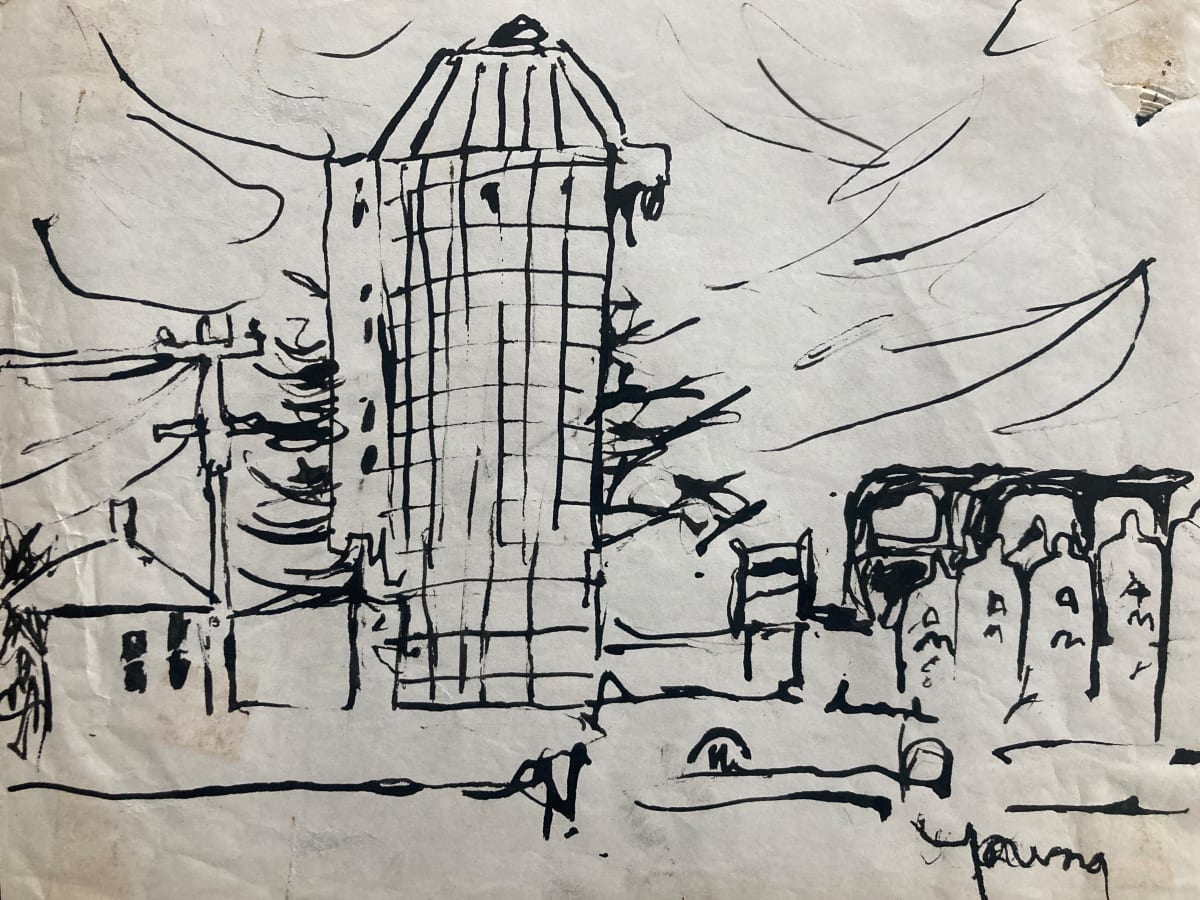 Barn and silo ink drawing by James Quentin Young 