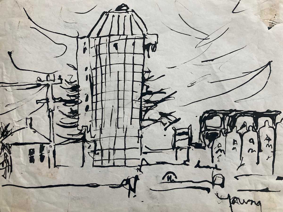 Barn and silo ink drawing by James Quentin Young, Image 1.