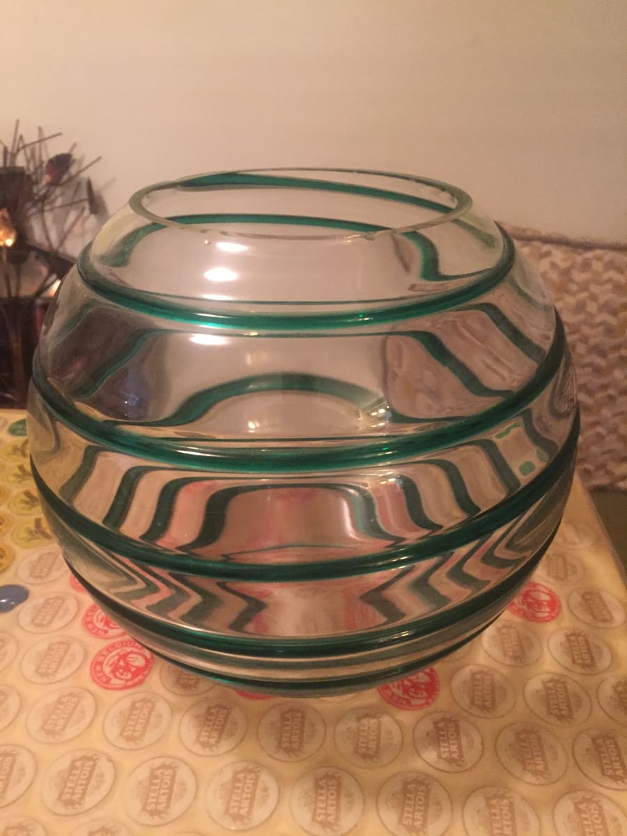 Czech clear and green striped bowl 