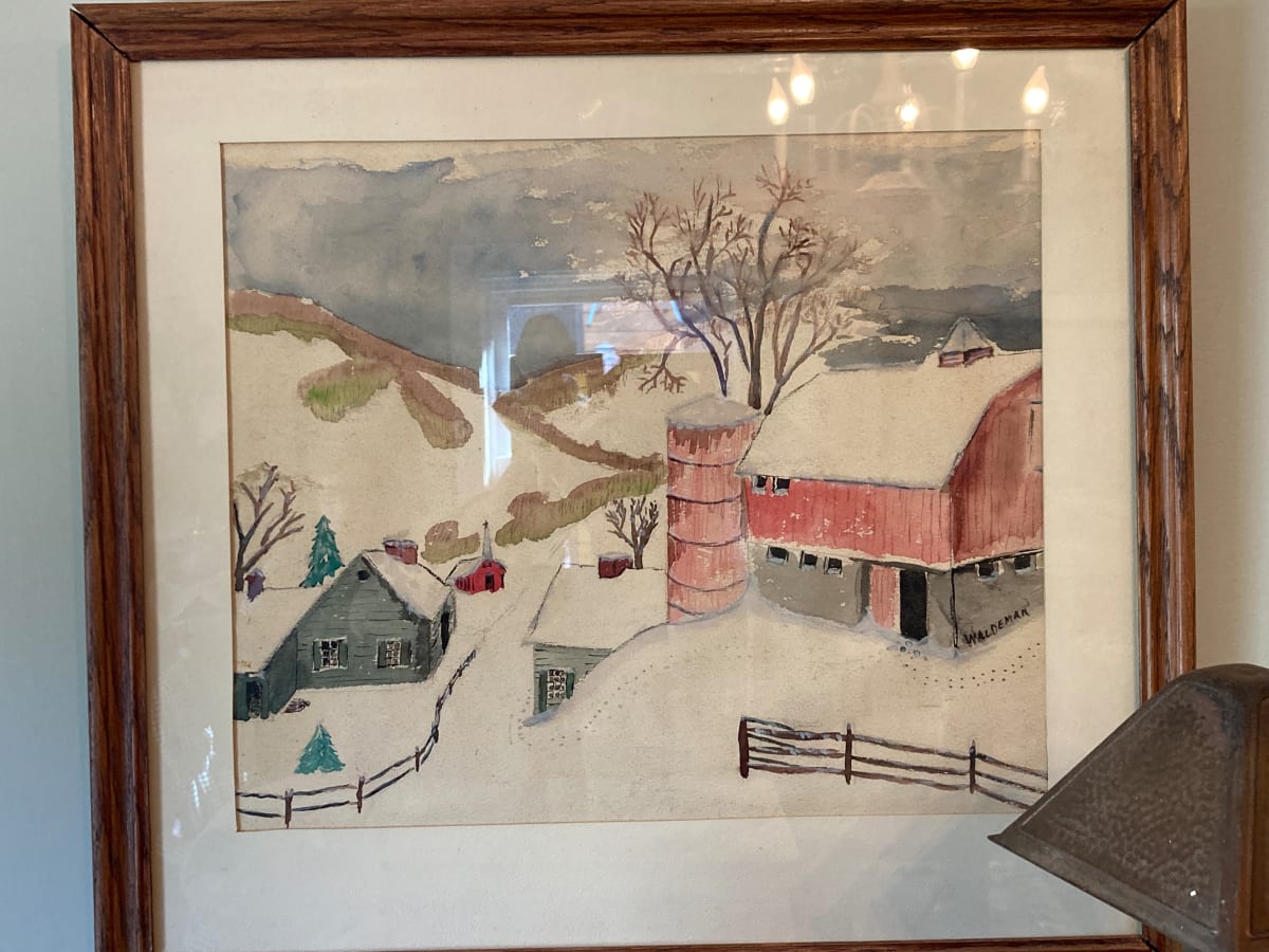 Original winter farm barn watercolor, Image 1.