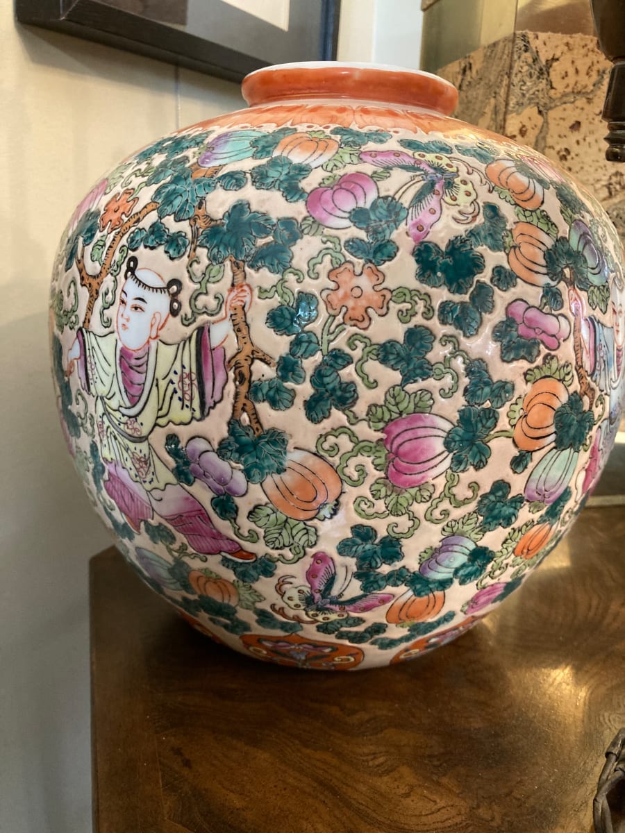 Larger decorated orange satsuma round vase 