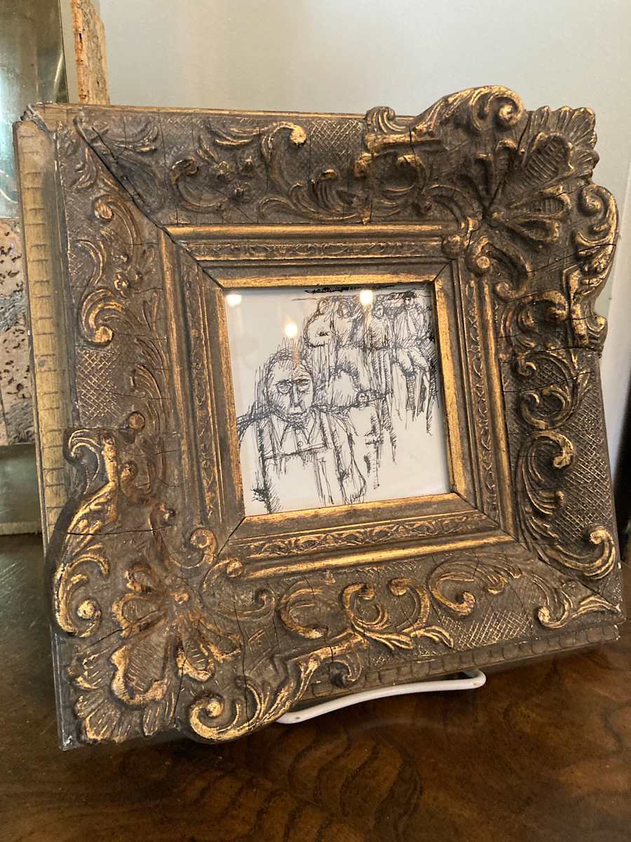 small James Quentin Young ink drawing in an ornate frame 