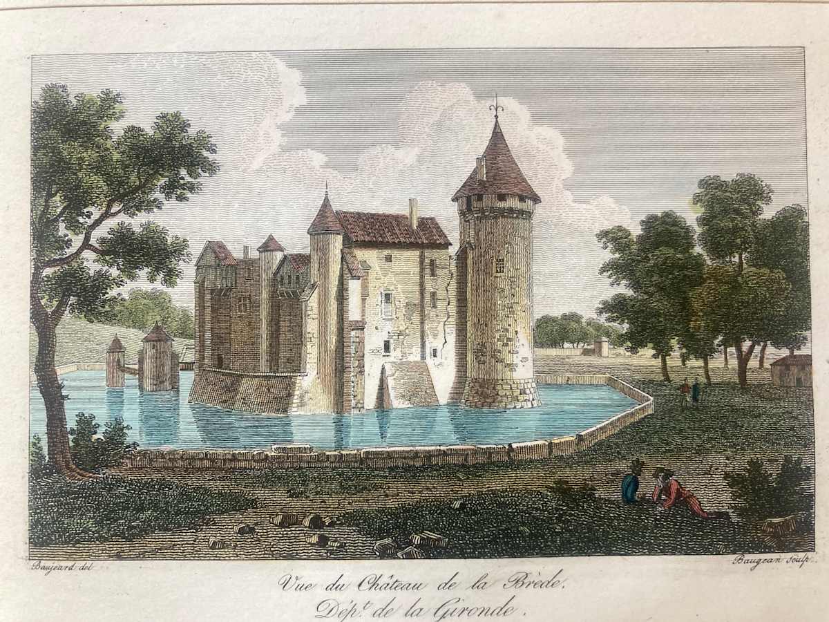 Hand colored engraving circa 1860's ~ Vue du Chateau de la Brede 