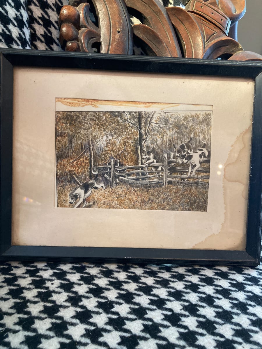 framed watercolor of dogs on a hunt 