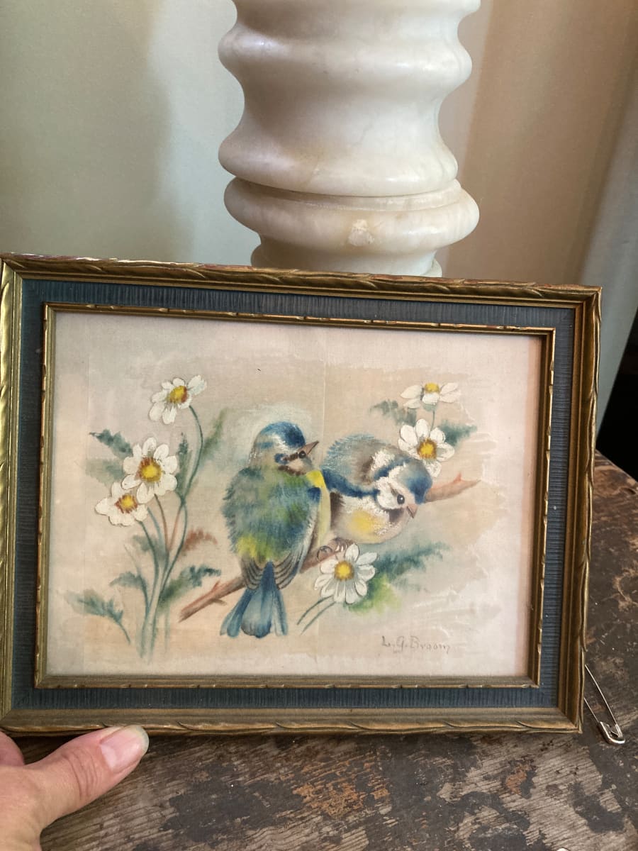 framed gouache bird and flower image 