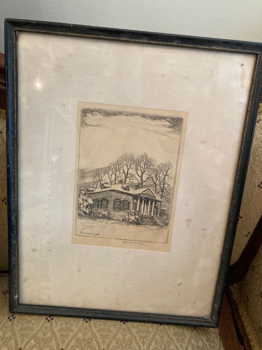 framed etching of home 