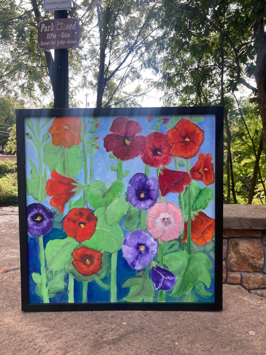 Framed hollyhocks painting 