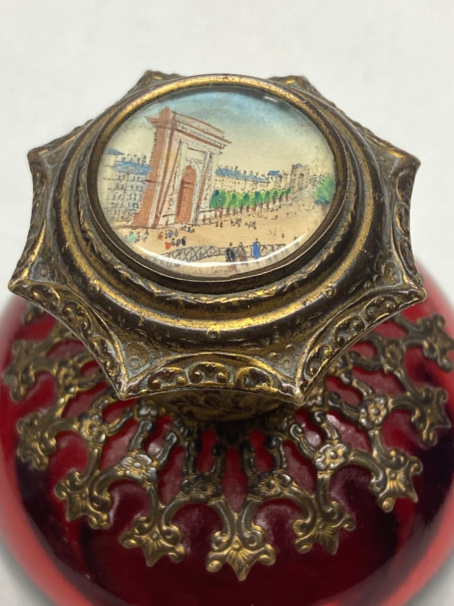 turn of the century grand tour Parisian ruby glass vase with Arc de Triumph picture 