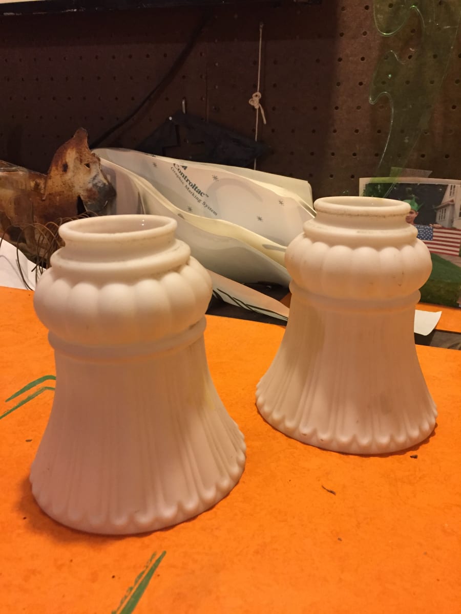 Pair of white ribbed art glass shades 