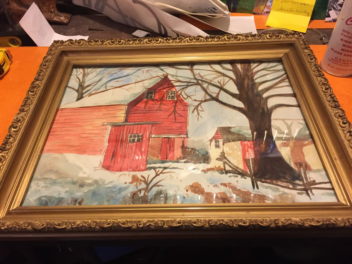 Framed watercolor of Red barn 