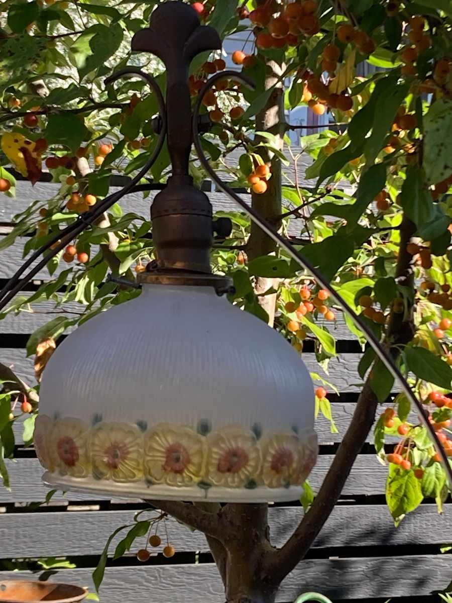 bell shaped floor lamp with floral glass shade 