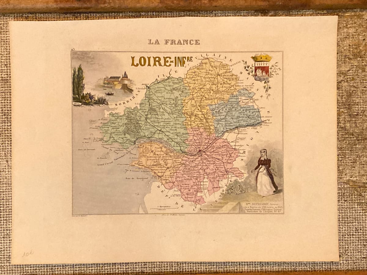 hand colored 1830's Loire French map 