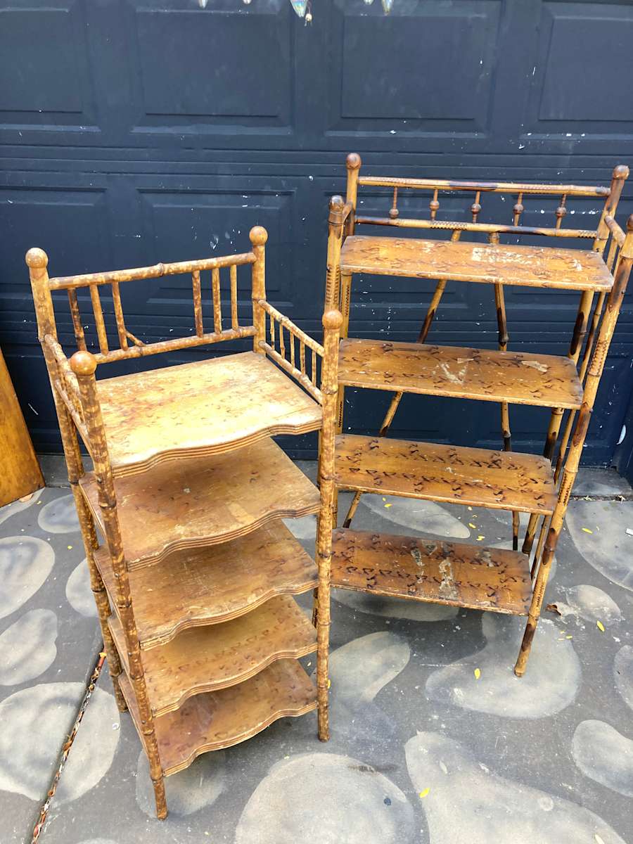 narrow vintage bamboo bookcase (right) 