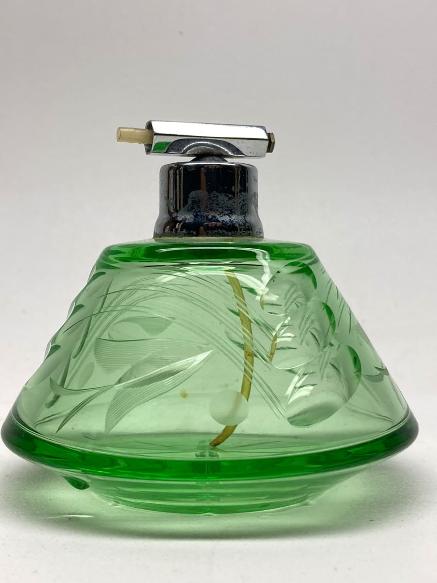 Green glass Art Deco Perfume bottle with spray 