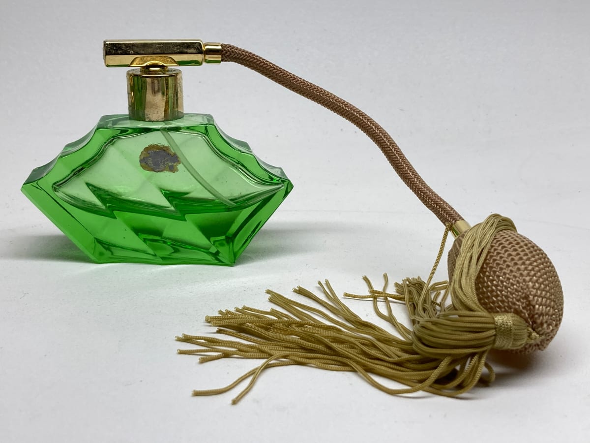 Green glass Art Deco Perfume bottle with spray 