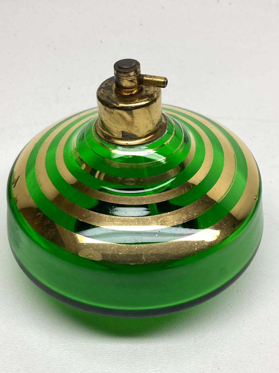 Green glass Art Deco Perfume bottle with spray 