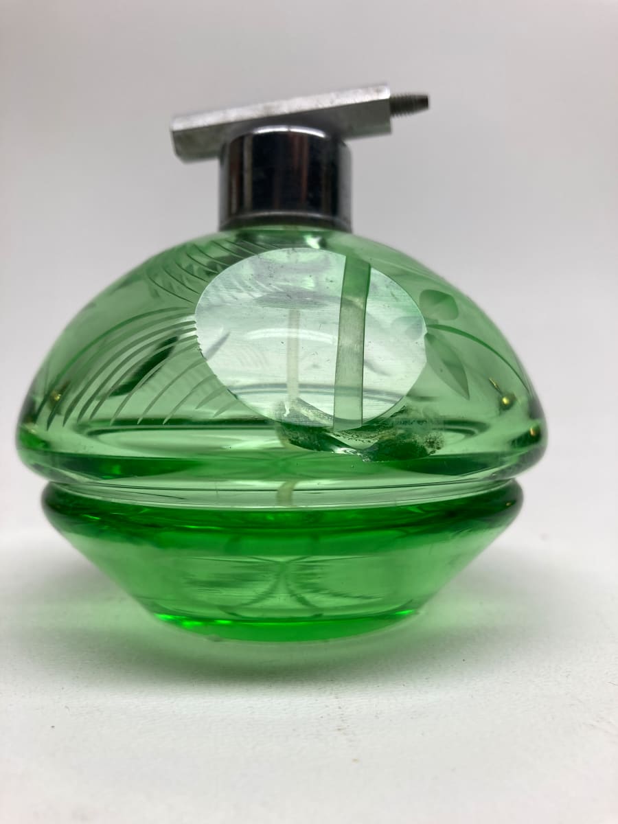 Green glass Art Deco Perfume bottle with spray 