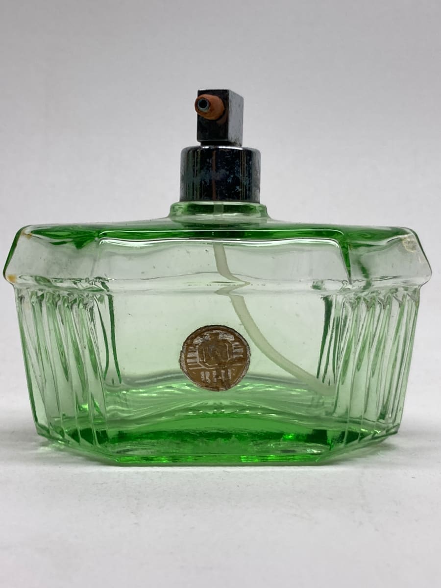 Green glass Art Deco Perfume bottle with spray 