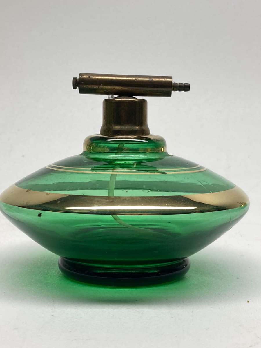 Green glass Art Deco Perfume bottle with spray 