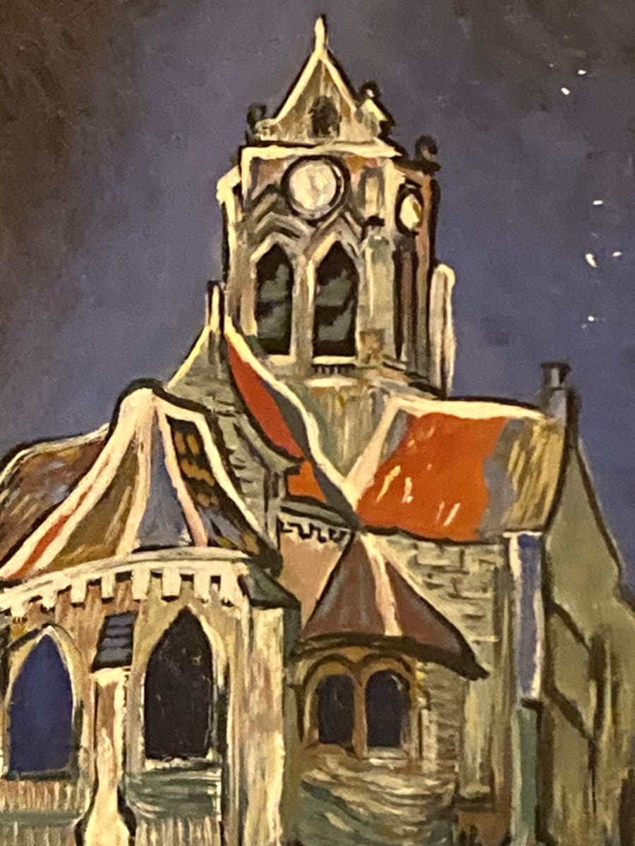 framed original painting of church on board in the style of Van Gogh 