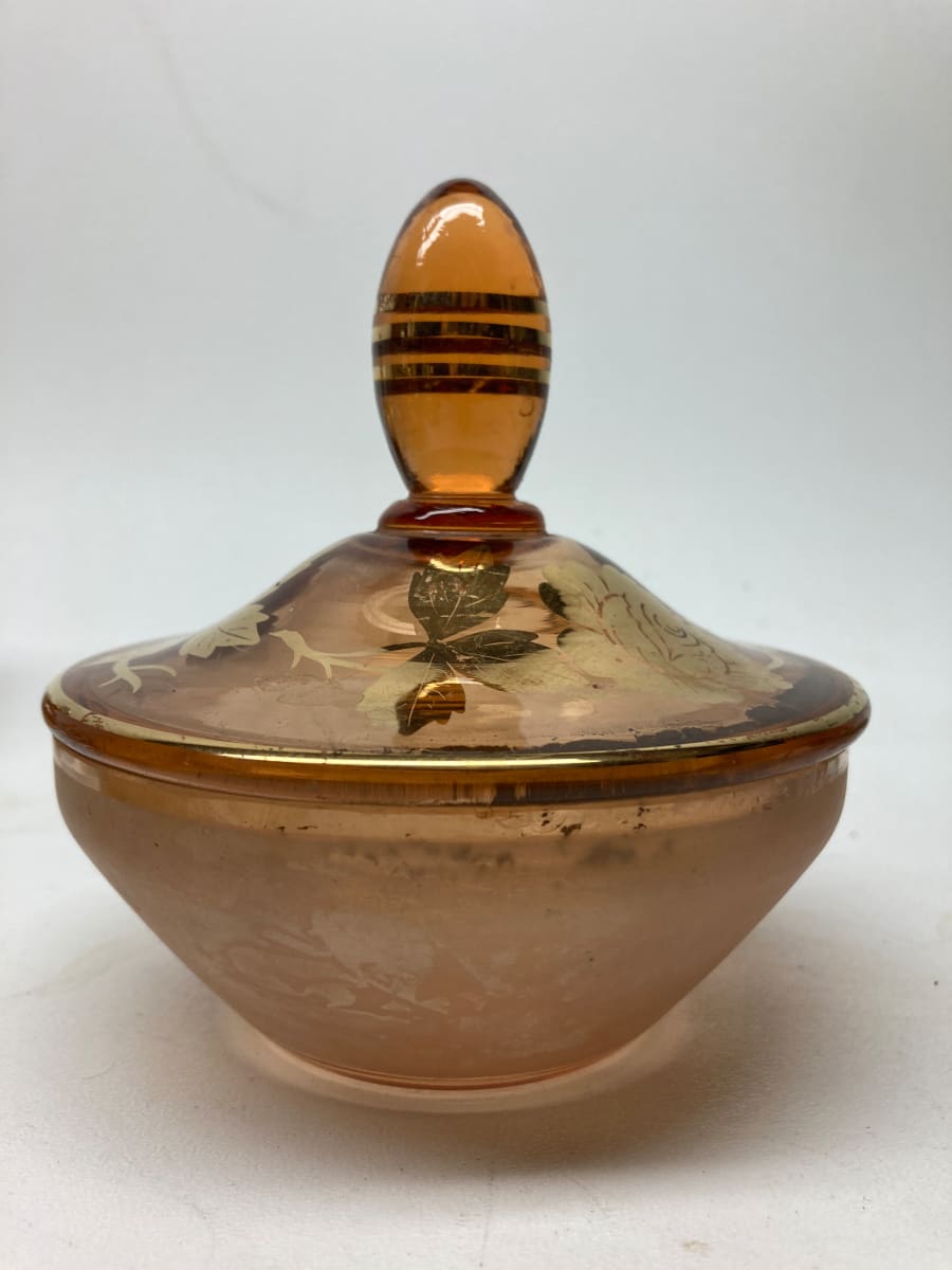 Pink with gold glass Art Deco Perfume covered perfume dish 