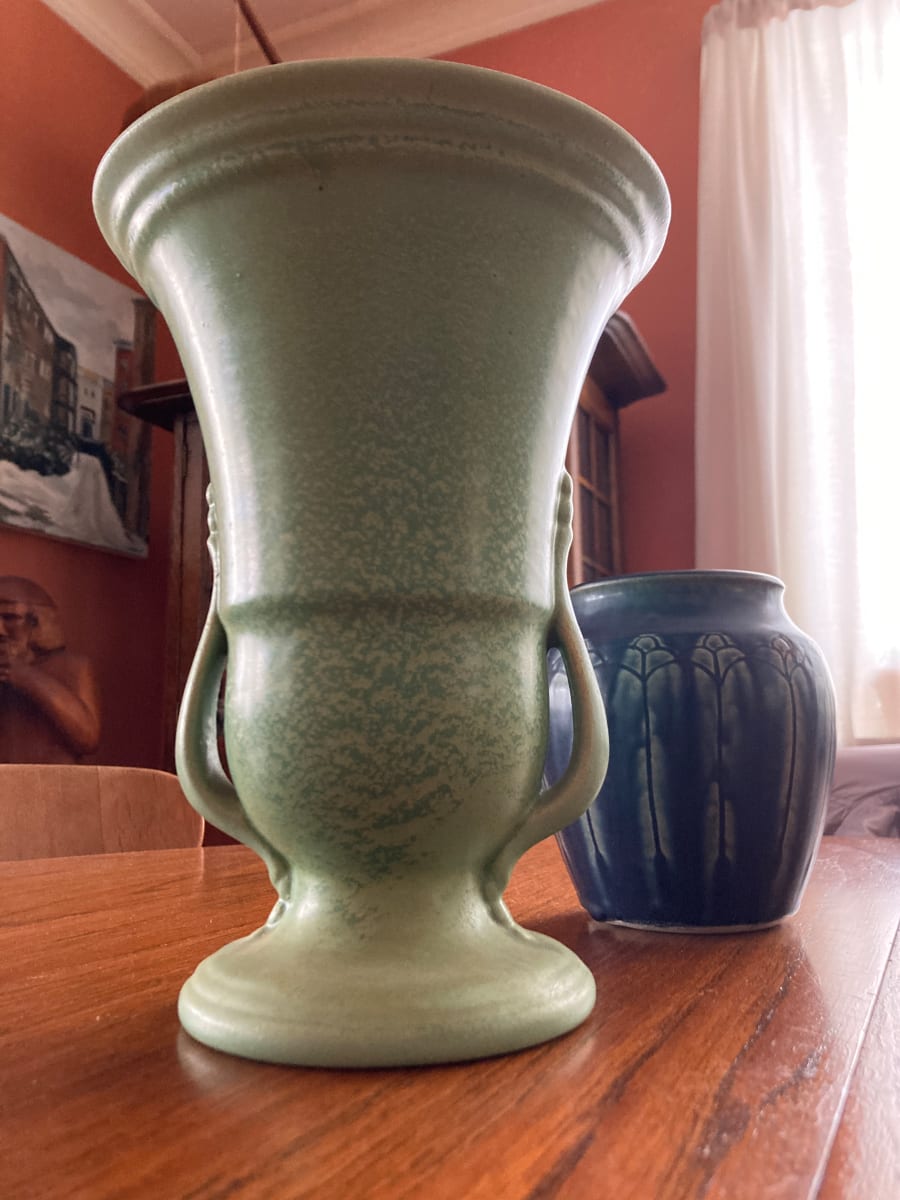 light green crystalline glazed arts n crafts pottery vase 