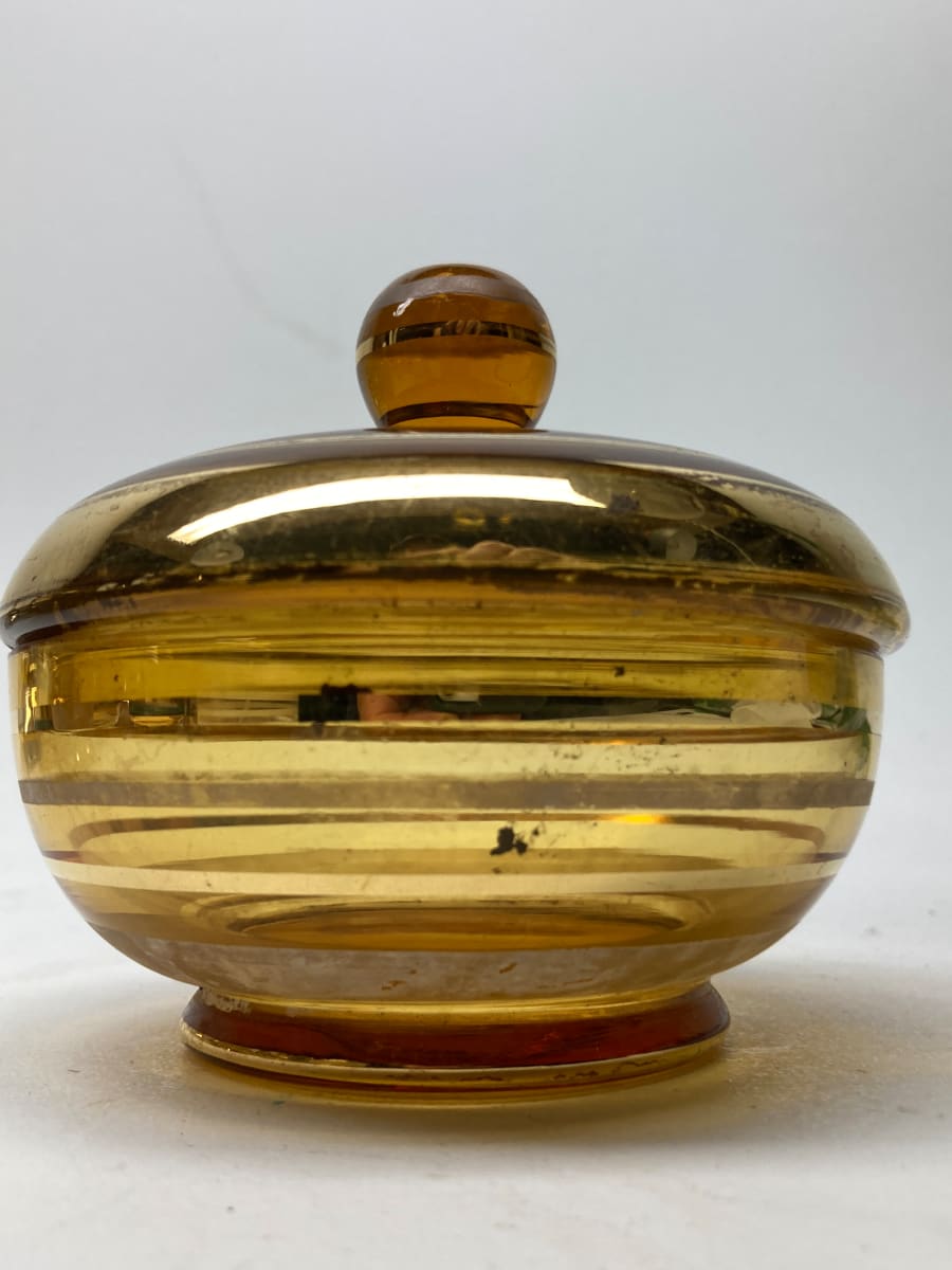 Amber with gold glass Art Deco Perfume covered perfume dish 