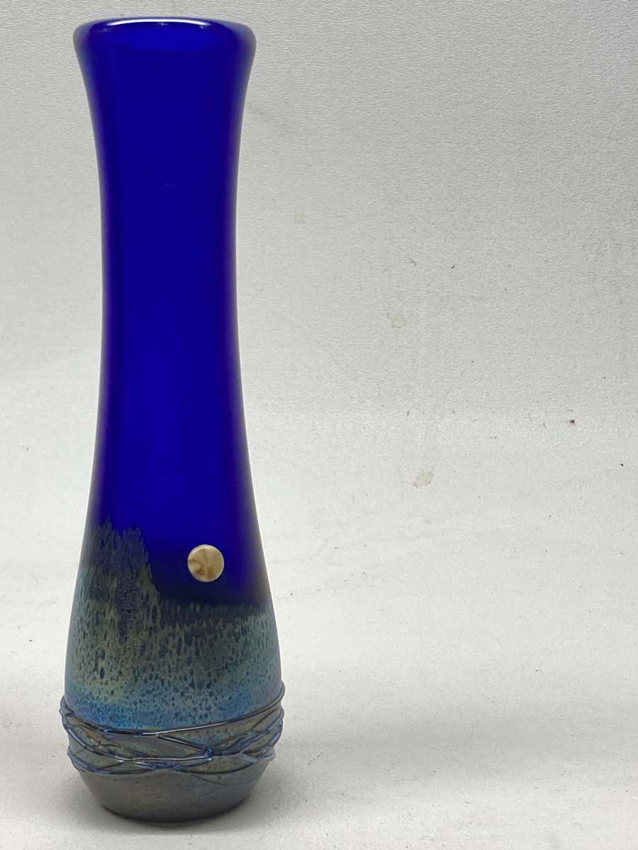 Blue art glass narrow vase, Image 1.