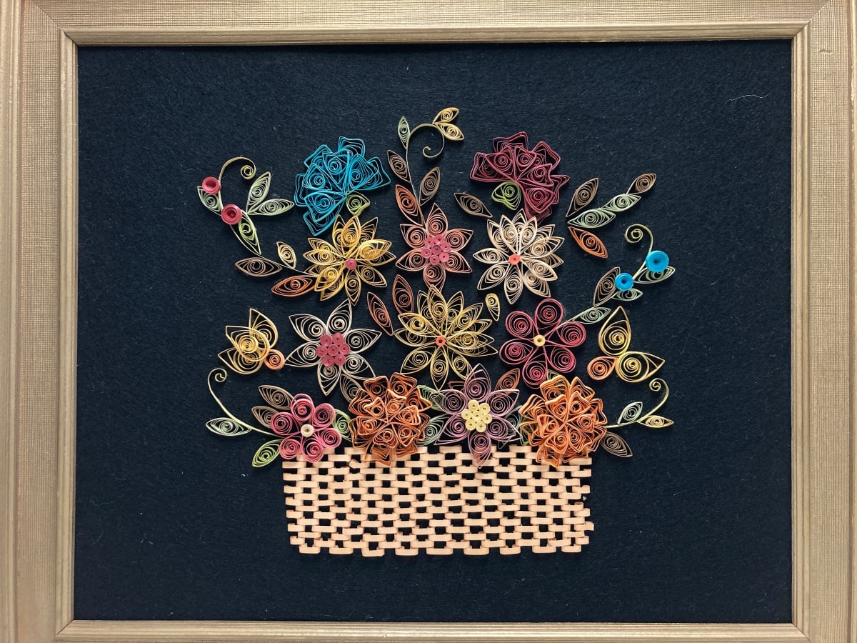 Framed hand made paper floral art piece 