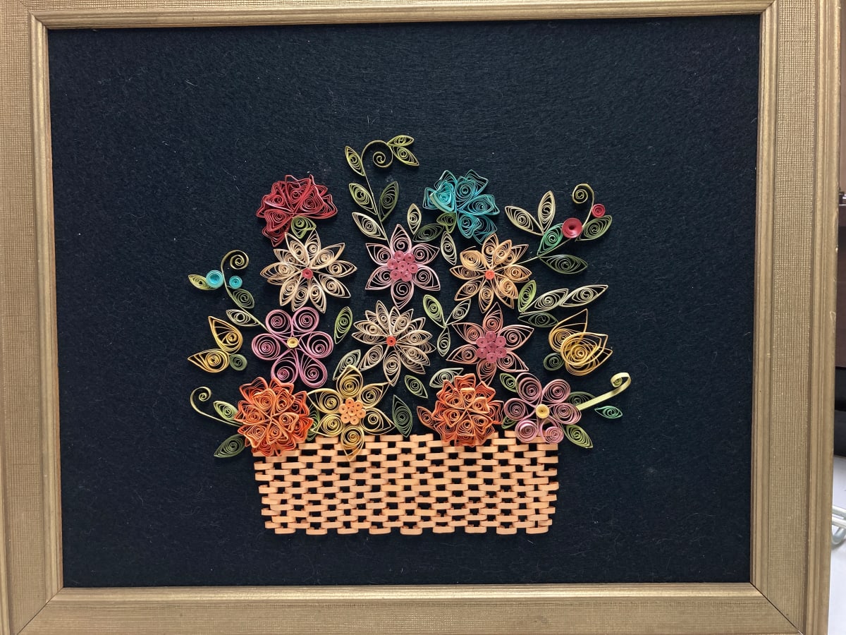 Framed hand made paper floral art piece 