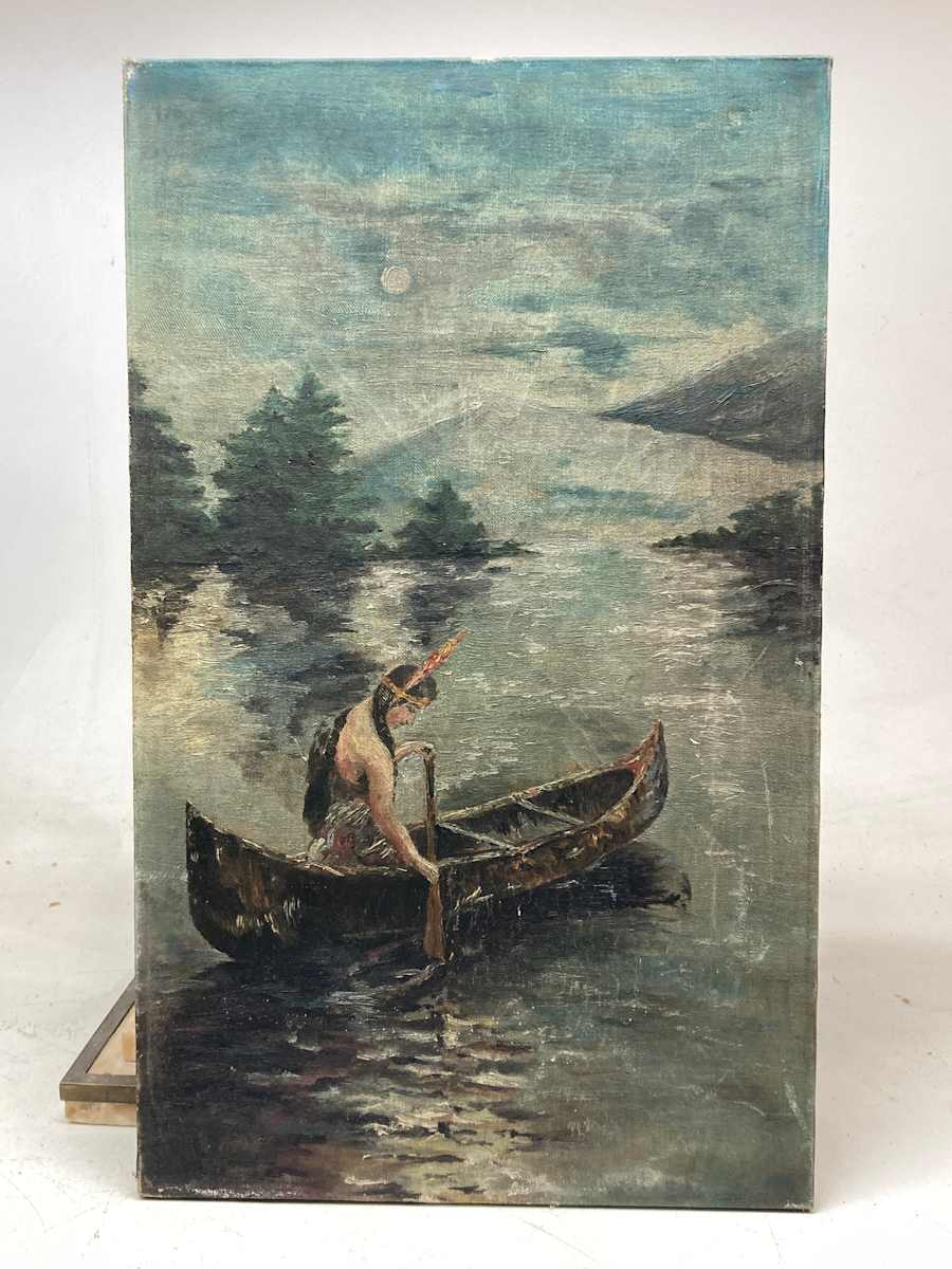 Framed original painting on canvas of Native American woman in canoe 