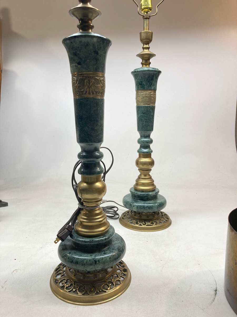 Pair of marble and brass table lamps by Marbro in the James Mont style 