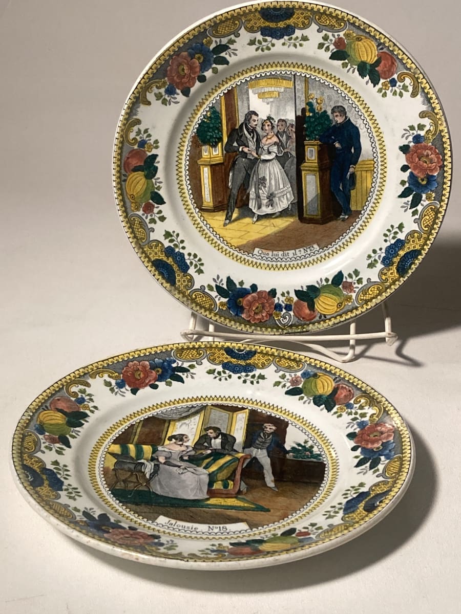 Pair of 7" romantic handprinted French plates 