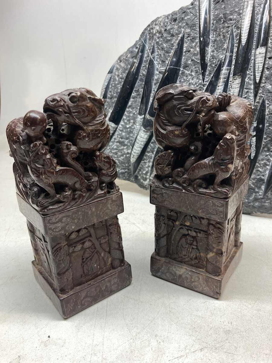 Chinese soapstone heavy carved dragon bookends, Image 1.