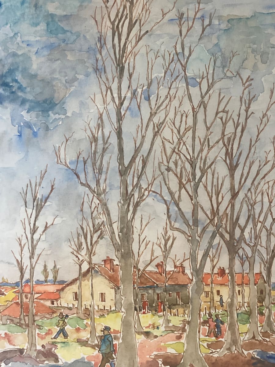 original watercolor of French house beyond the trees 