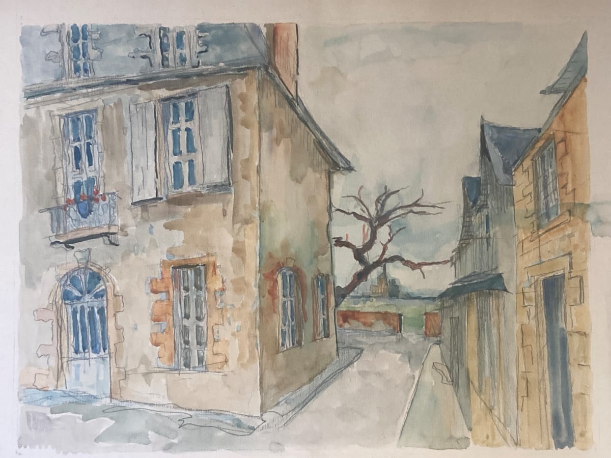 original watercolor of French narrow street scene 