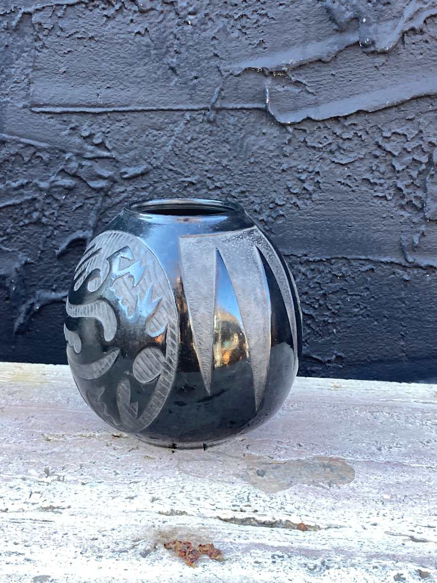 Southwest blackware carved pottery vase 