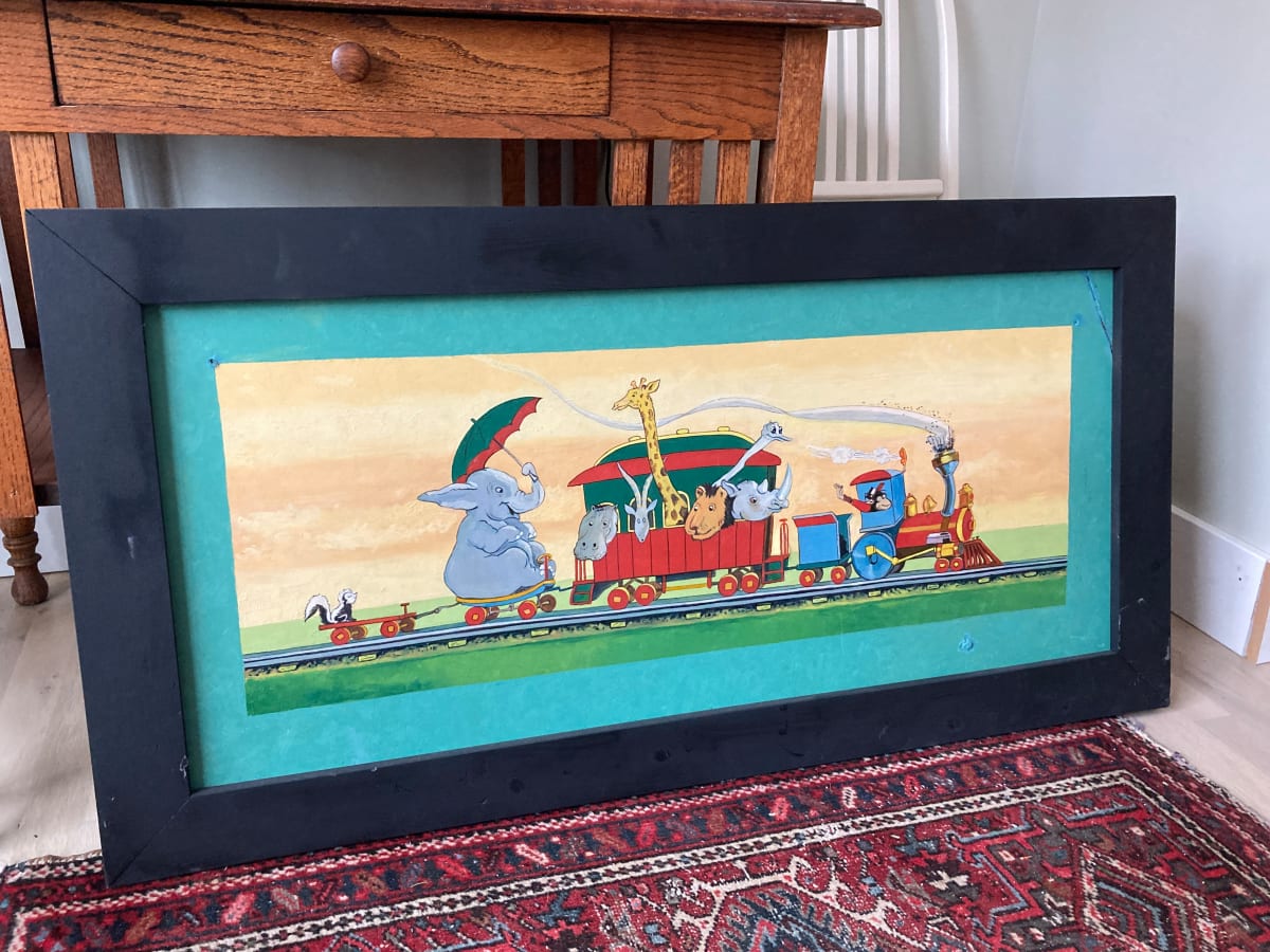 Framed original painting on masonite "Animal Train" 