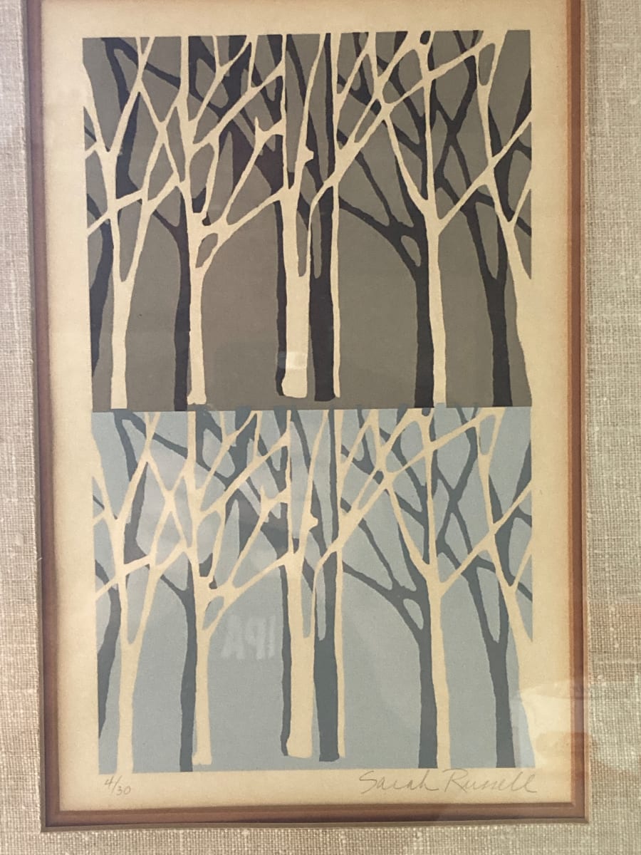 Framed signed silkscreen of trees by Sarah Russell 